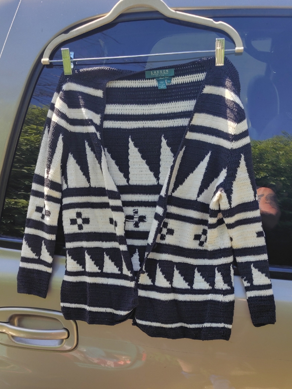 Lauren Ralph Lauren Navy and White Geometric Open Cardigan